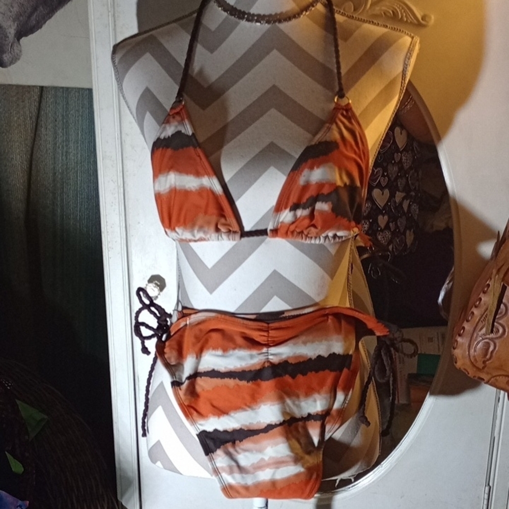 Striped Orange and Brown Bikini Set